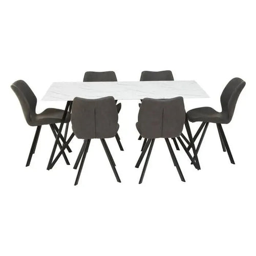 6 Seat Grey Dining Set | White Marble Table & Upholstered Chairs Modern
