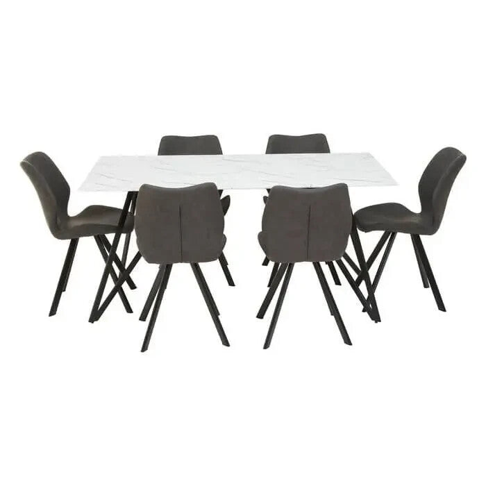 6 Seat Grey Dining Set | White Marble Table & Upholstered Chairs Modern