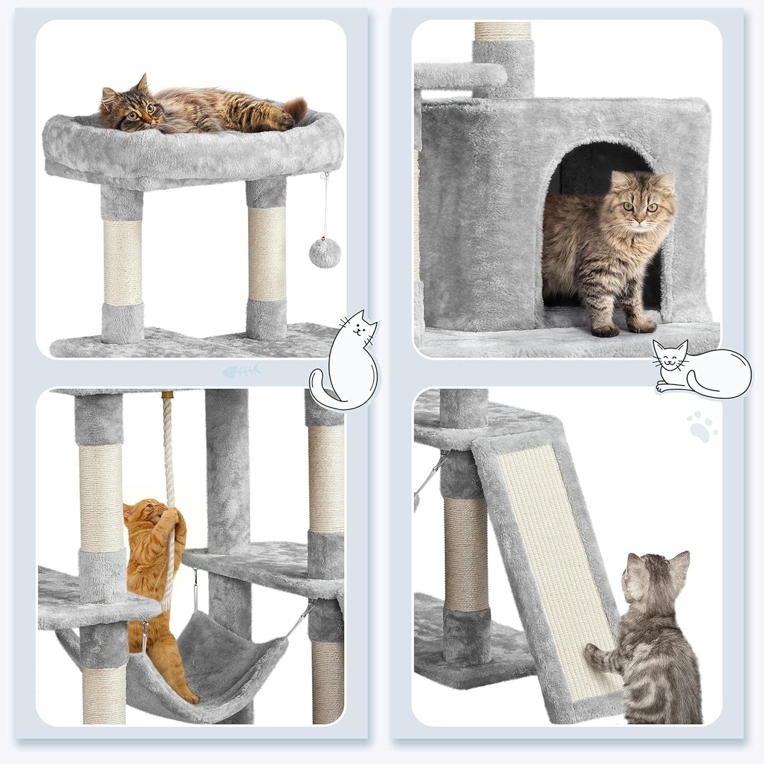 Large Cat Tree 159cm Tall Multi Level Tower With Hammock Scratching Posts