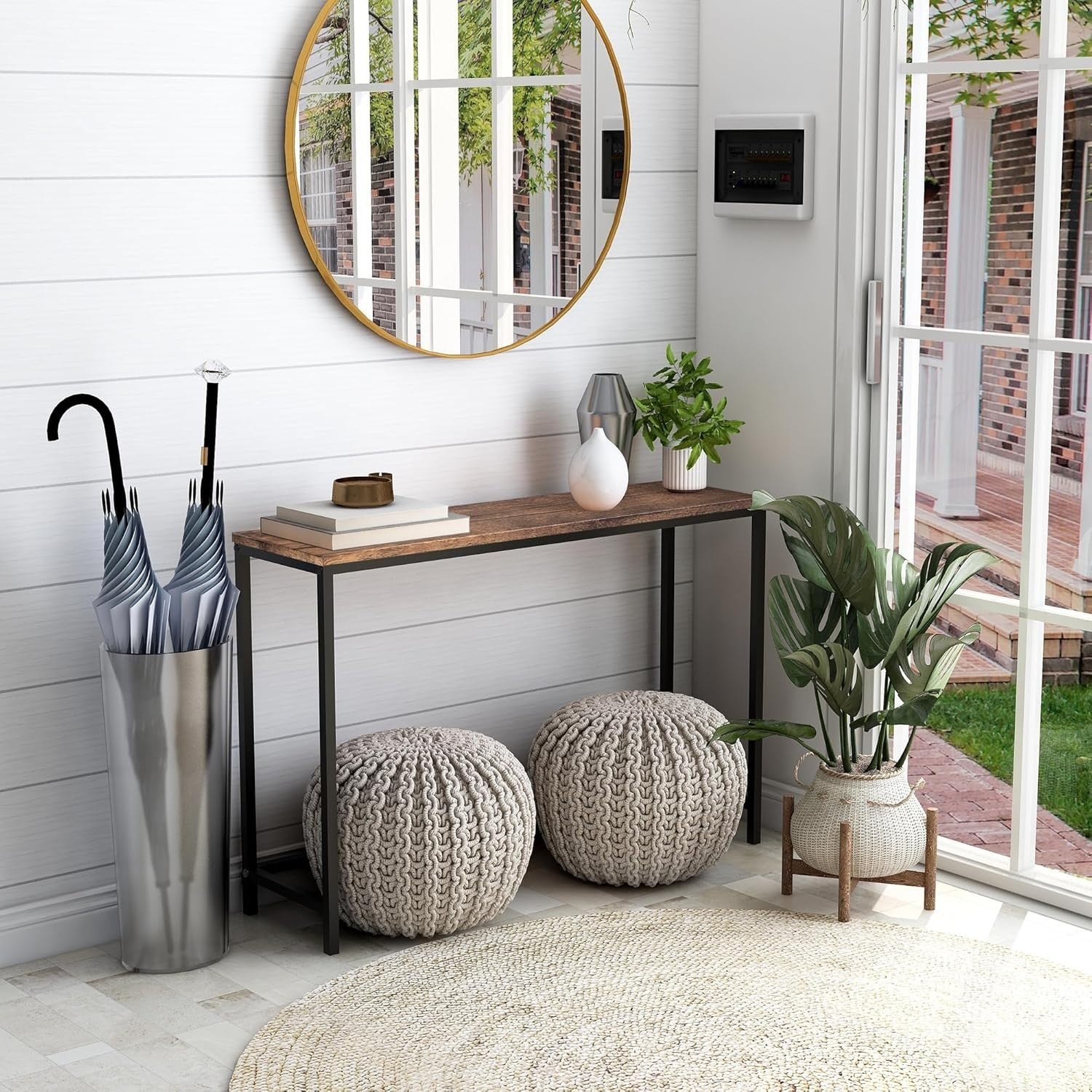 Narrow Console Table for Hallway Entryway Sofa – Rustic Wood & Metal