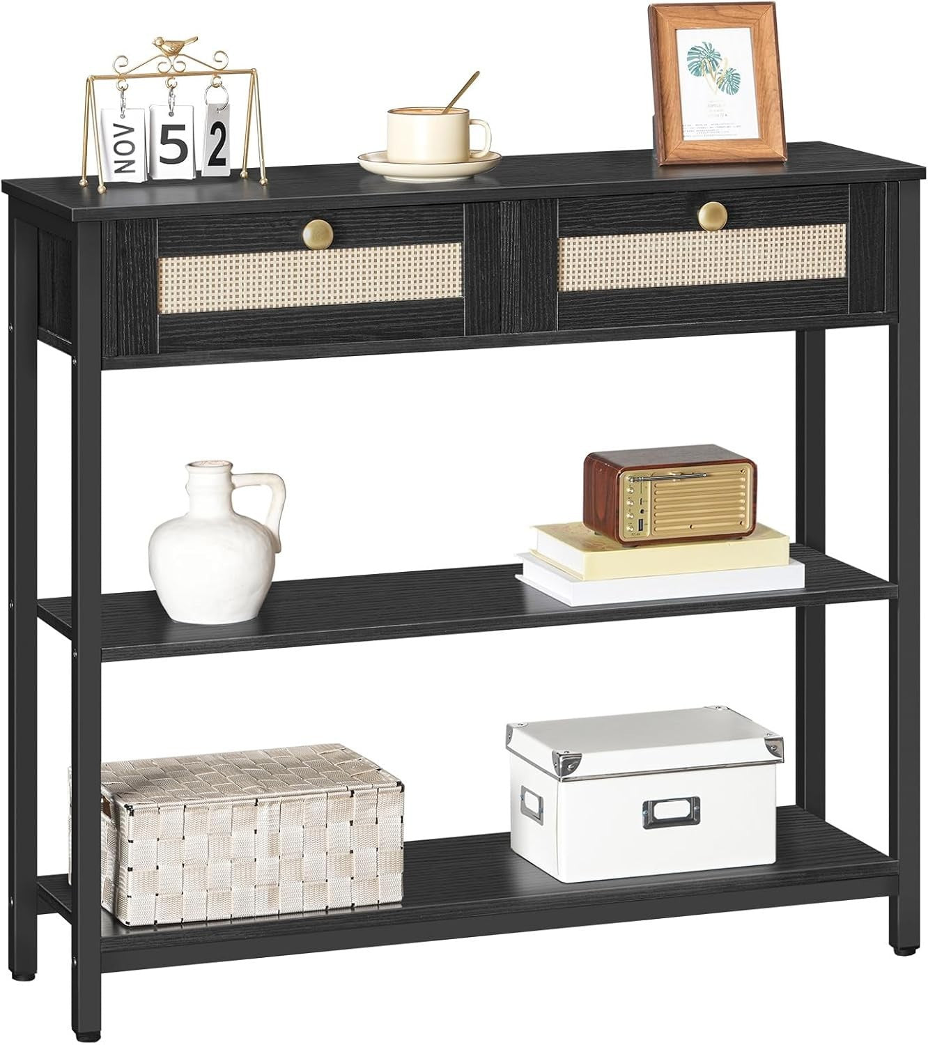 Black Rattan Console Table with Drawers & Shelves, Narrow Hallway Storage