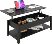 Lift-Up Top Coffee Table with Hidden Storage & Open Shelf, Black Wood
