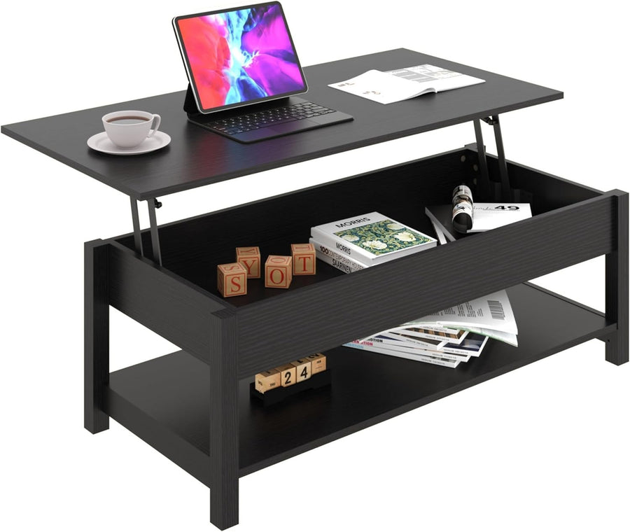 Lift-Up Top Coffee Table with Hidden Storage & Open Shelf, Black Wood