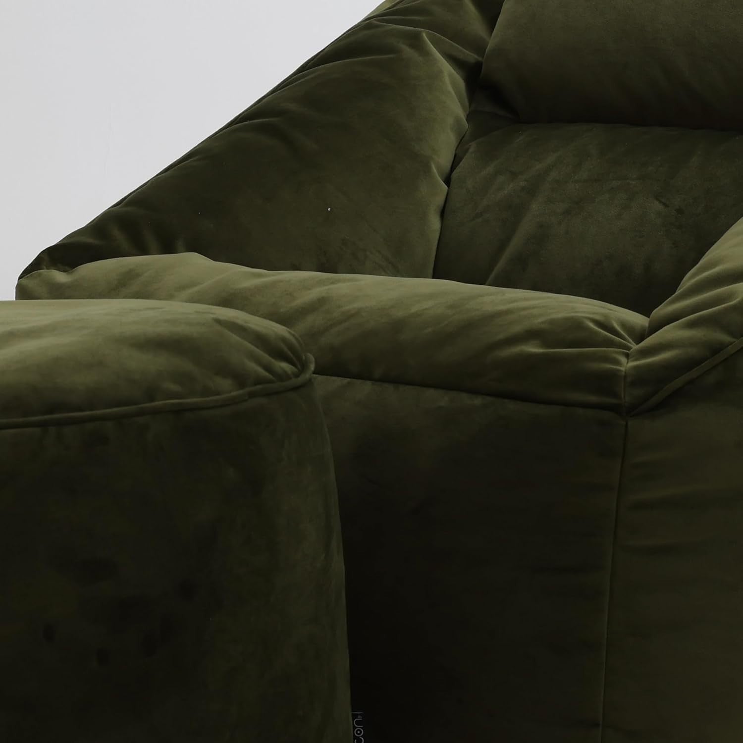 Large Olive Green Velvet Bean Bag Chair with Pouffe, Soft Filling & Support