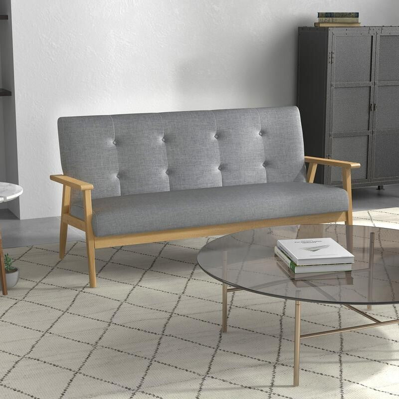 3 Seater Sofa Dark Grey Linen Tufted Couch with Wood Frame Lounge Seating