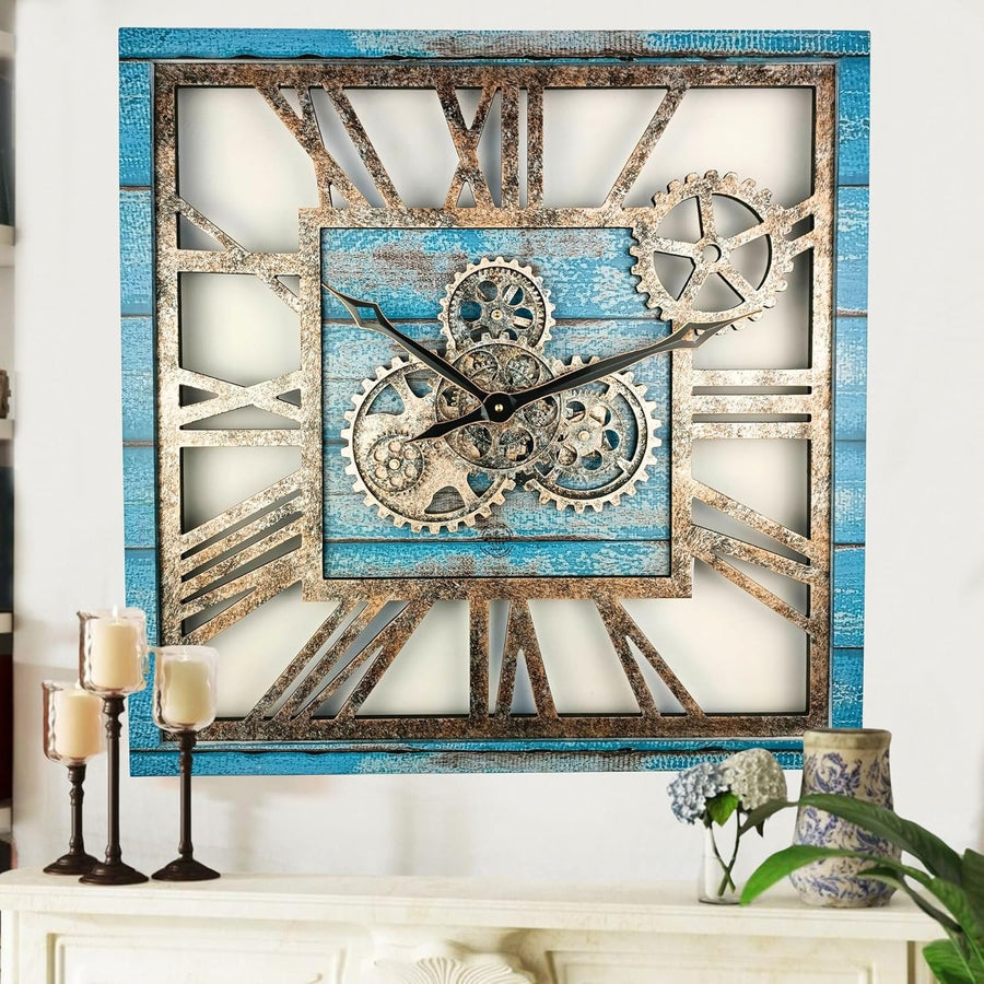 Oversized 24" Gear Wall Clock Square Ocean Blue Vintage Industrial Decor