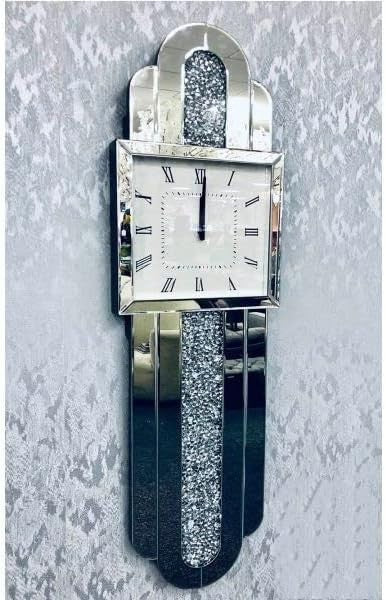 Tall Silver Wall Clock Sparkle Crystal Mirror Glass Silent Luxury 100x30cm