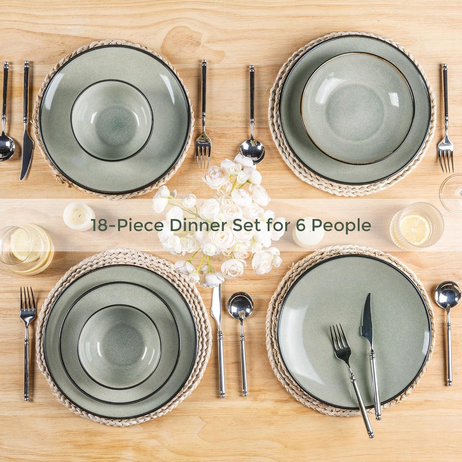12pc Stoneware Dinner Set Plates Bowls Sage Green Dishwasher Safe