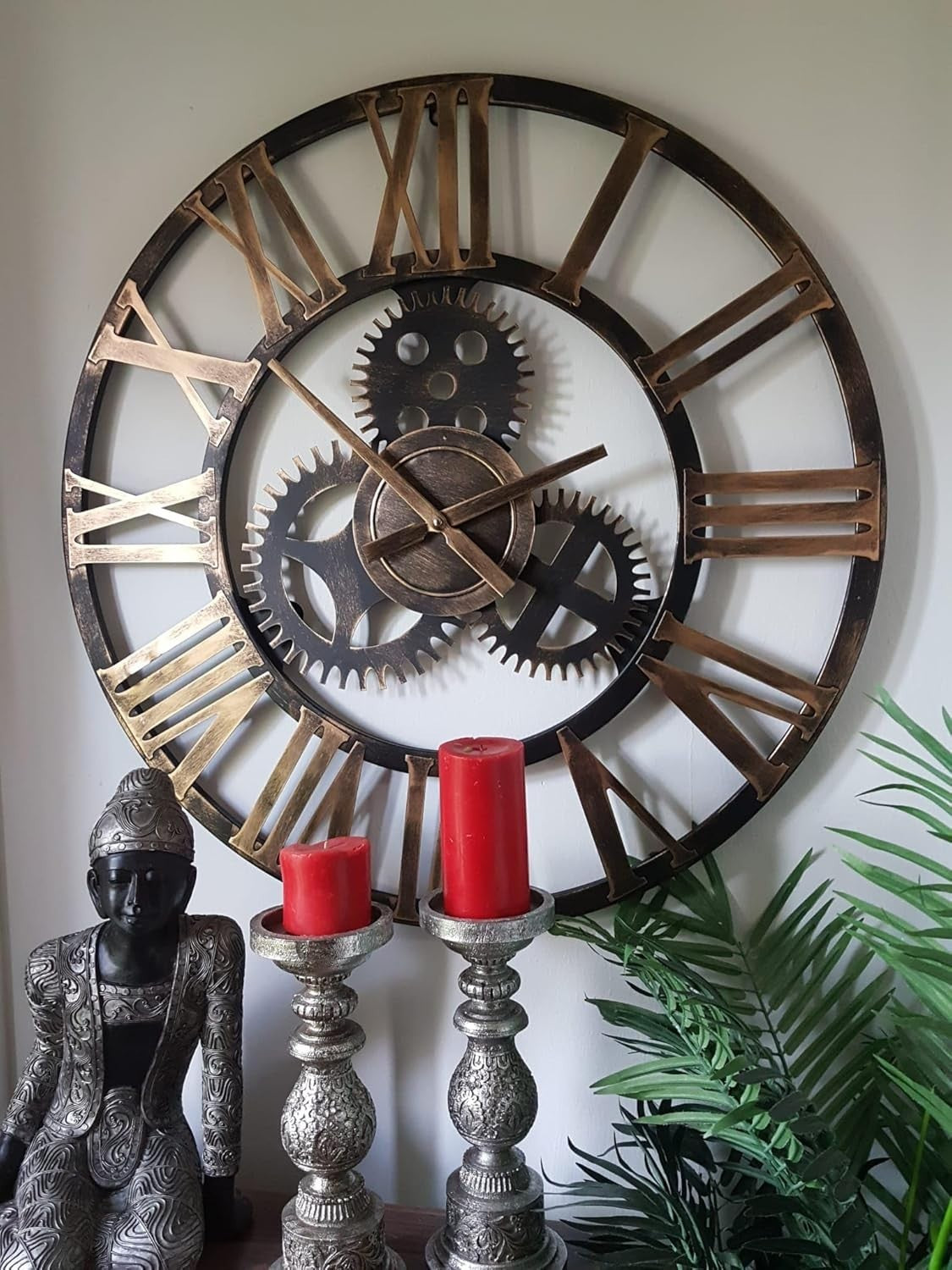 Large Rustic Gold Metal Skeleton Wall Clock - Silent Roman Numerals Decor
