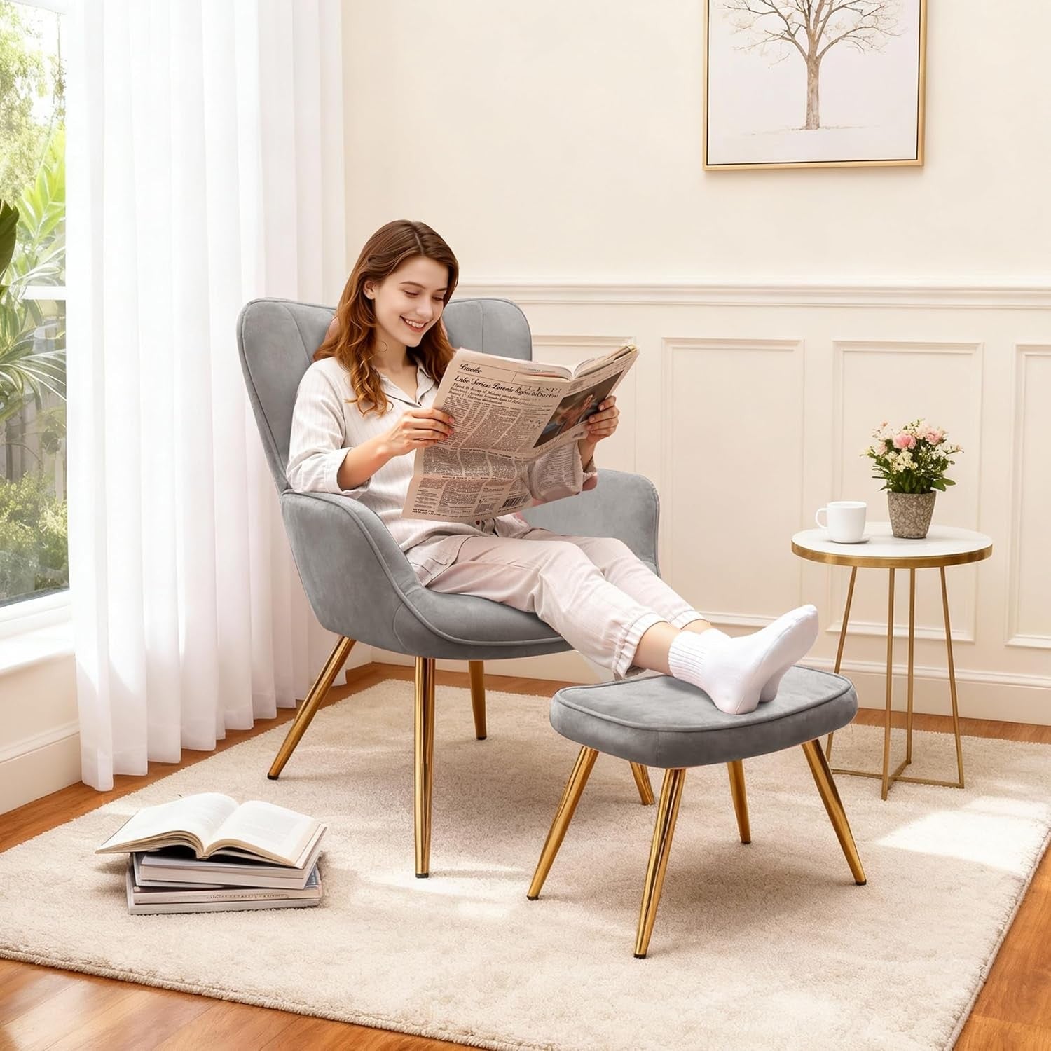 Wing Back Accent Armchair with Footstool Modern Lounge Chair Grey