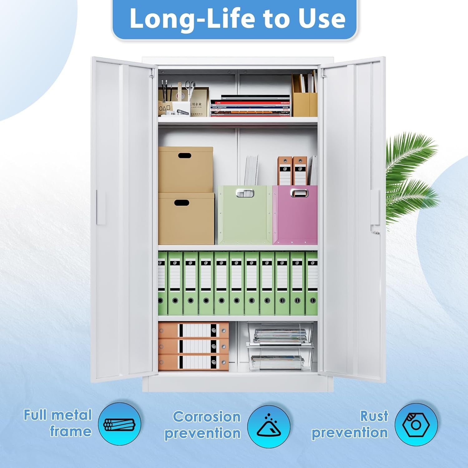 Metal Storage Cabinet 2 Door Lockable Cupboard 3 Adjustable Shelves White