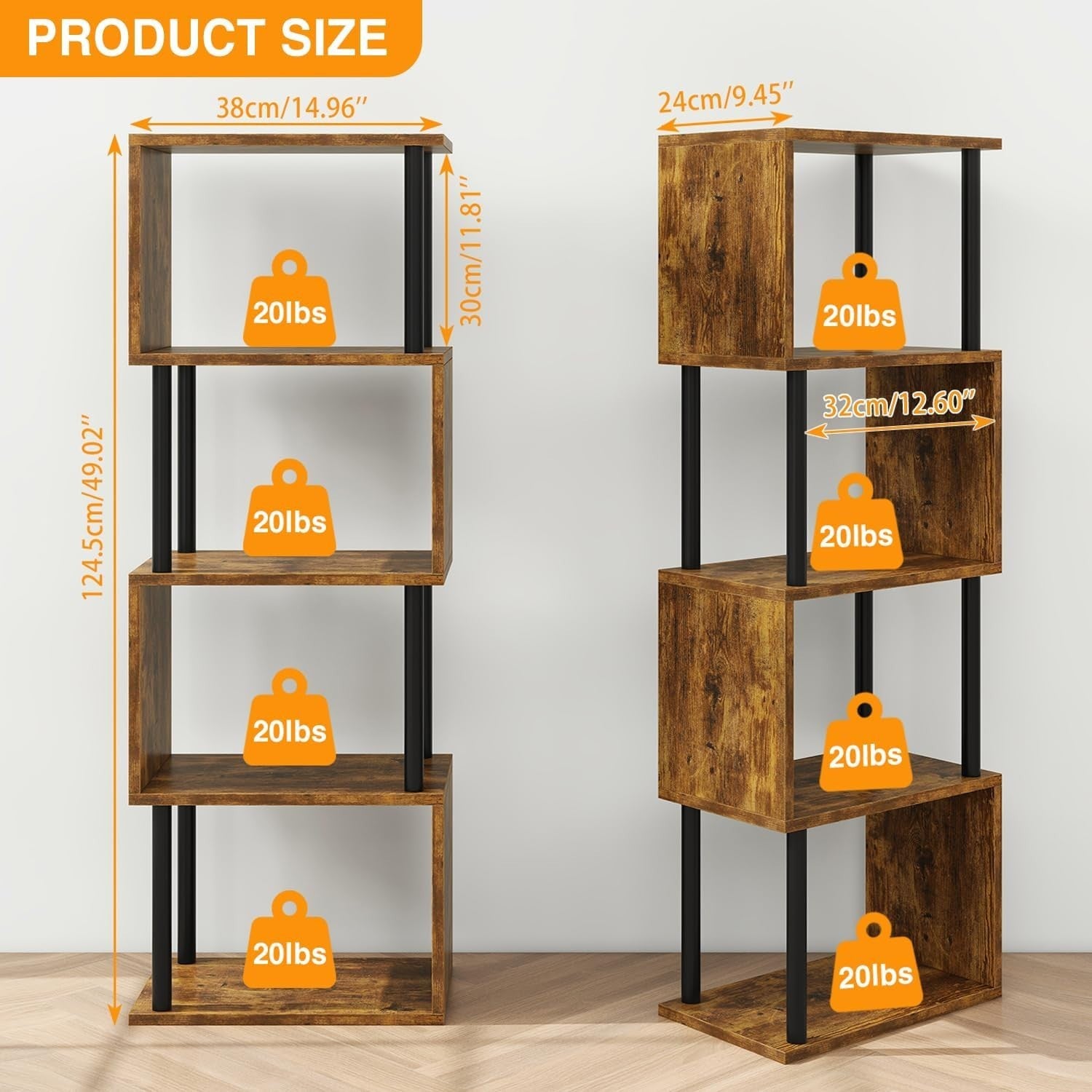 5 Tier S Shaped Bookcase Rustic Brown Modern Wood Display Storage Shelf 155cm
