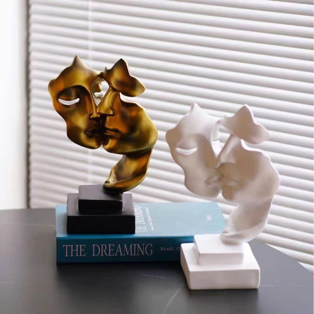 White Abstract Couple Statue • Modern Romantic Resin Face Sculpture