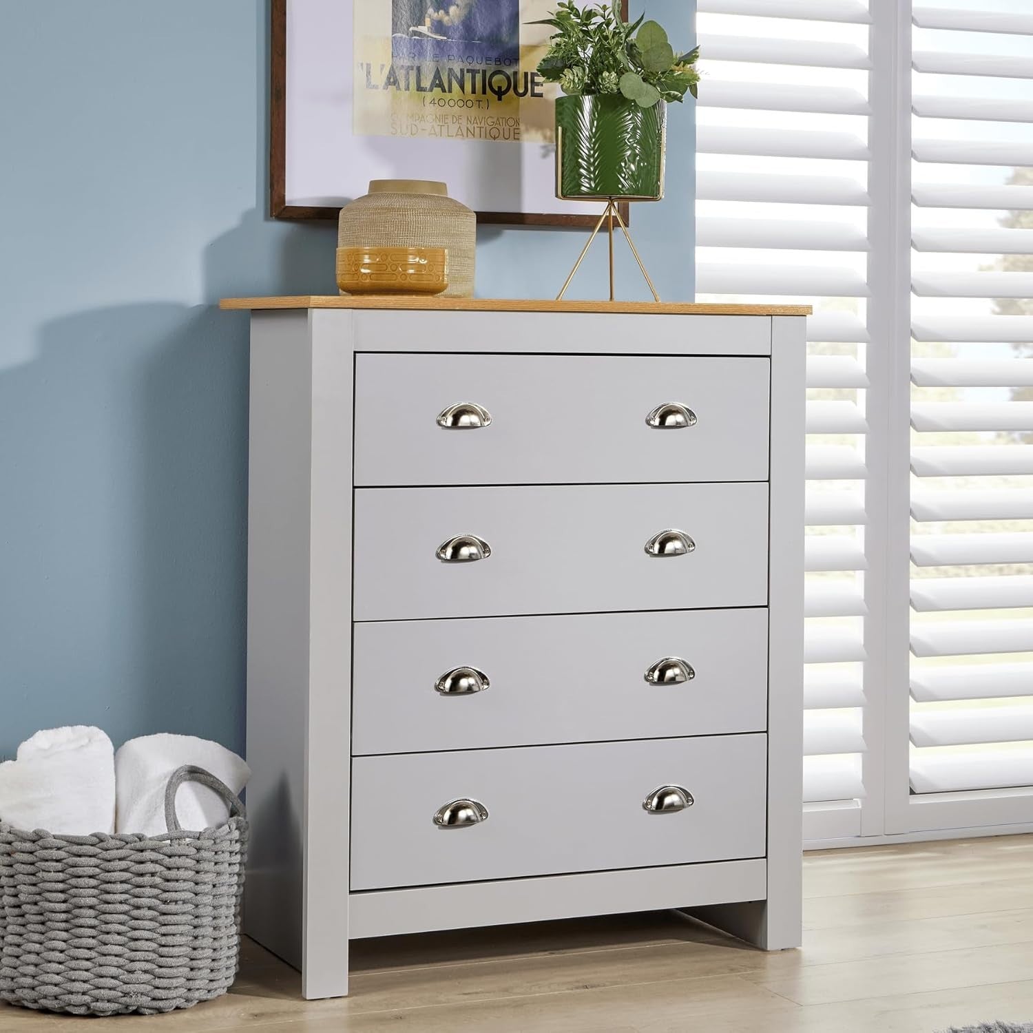 Grey 4 Drawer Chest of Drawers Oak Top Storage Unit Bedroom Cabinet