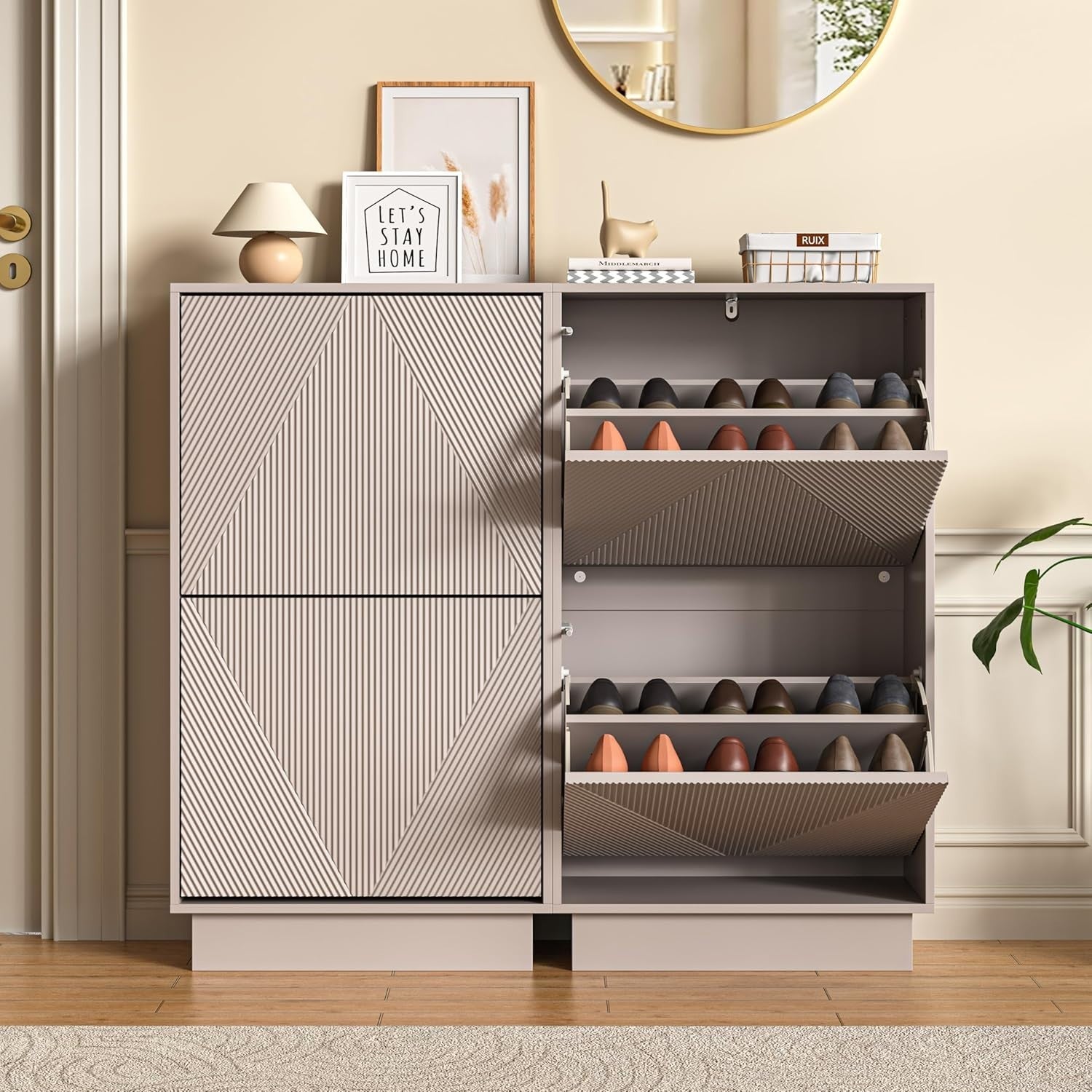 Slim Shoe Storage Cabinet Cashmere | 2 Flip Drawers, Anti-Tip, 91cm Tall