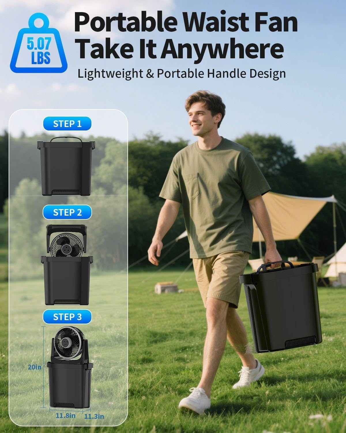 Portable Air Cooler Fan Black – 3in1 Misting 20000mAh Battery 7L Tank 30dB Quiet
