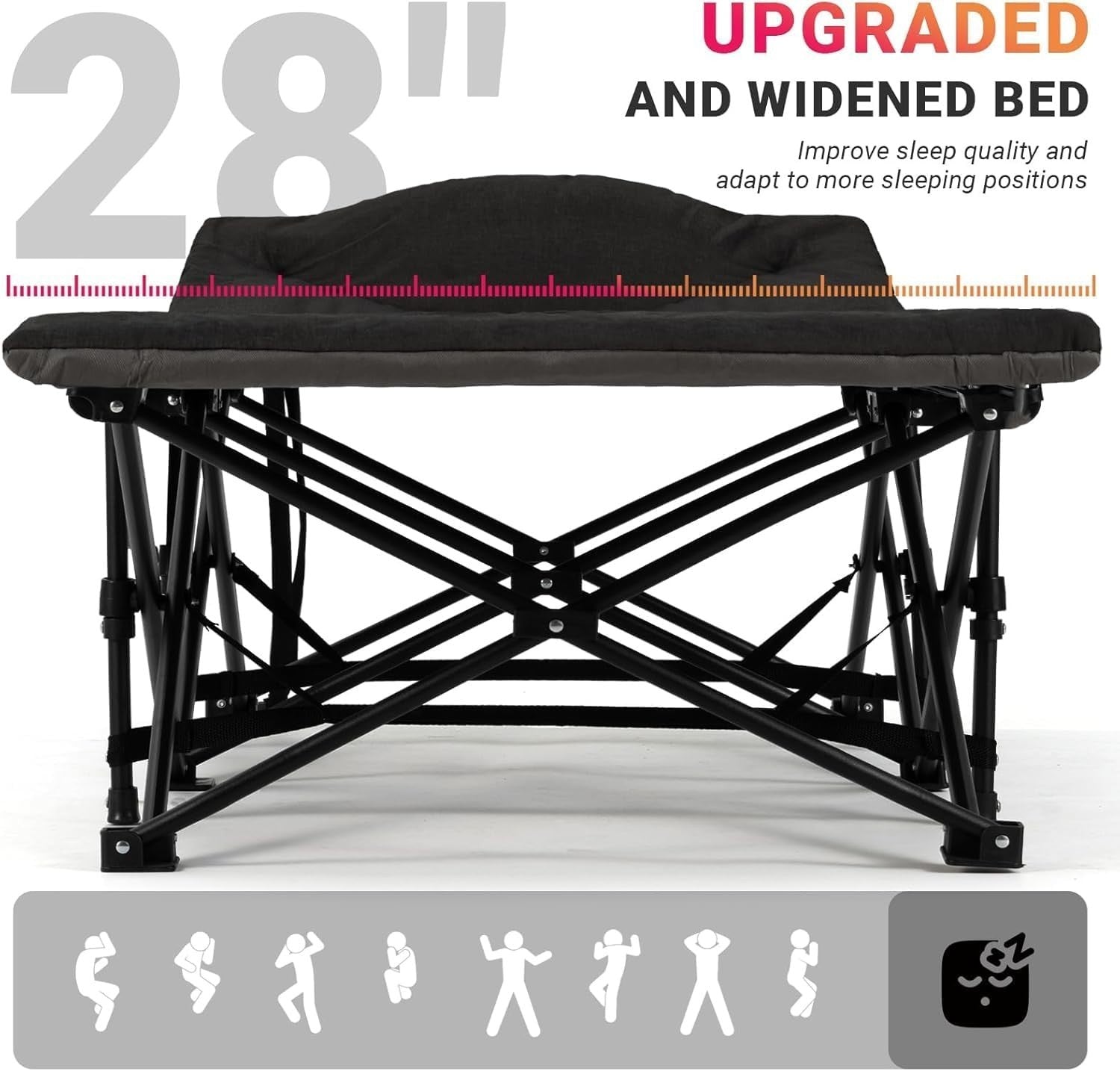 Extra Wide Folding Camping Bed with Cushion & Pillow - Portable Outdoor Cot