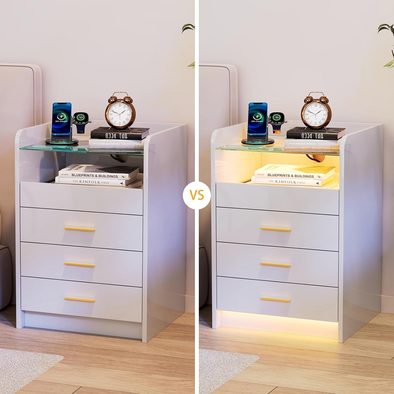 Modern White LED Bedside Table with Power Socket, RGB Light & 3 Drawers