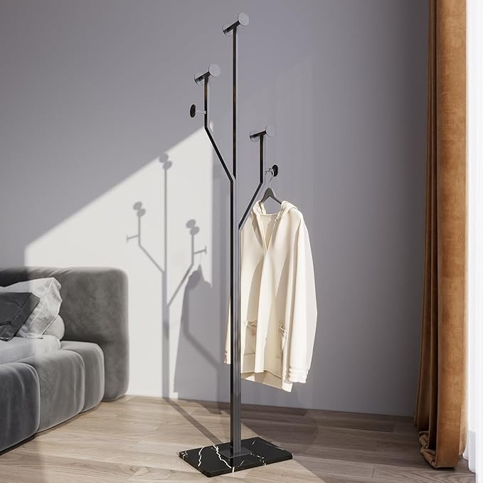 Black Metal Coat Rack Stand Marble Base Heavy Duty Modern Hall Tree Organizer
