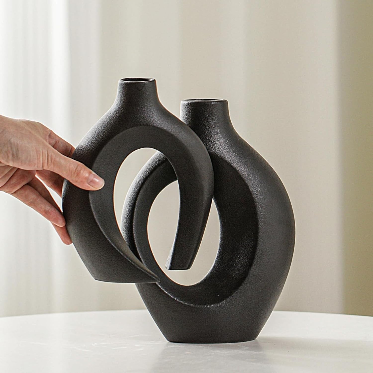 Matte Black Ceramic Vase Set of 2 Nordic Boho Pampas Flower Home Decor