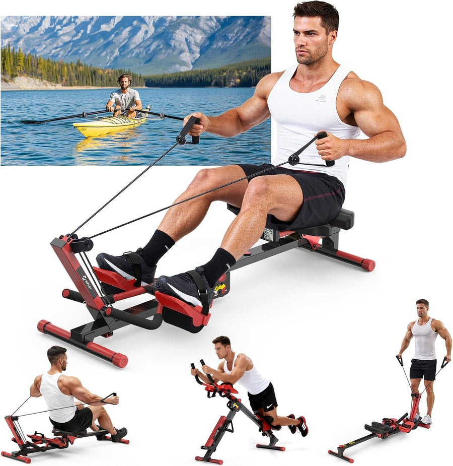 4-in-1 Rowing Machine Ab Trainer Foldable Quiet Rower LCD Home Gym 118KG