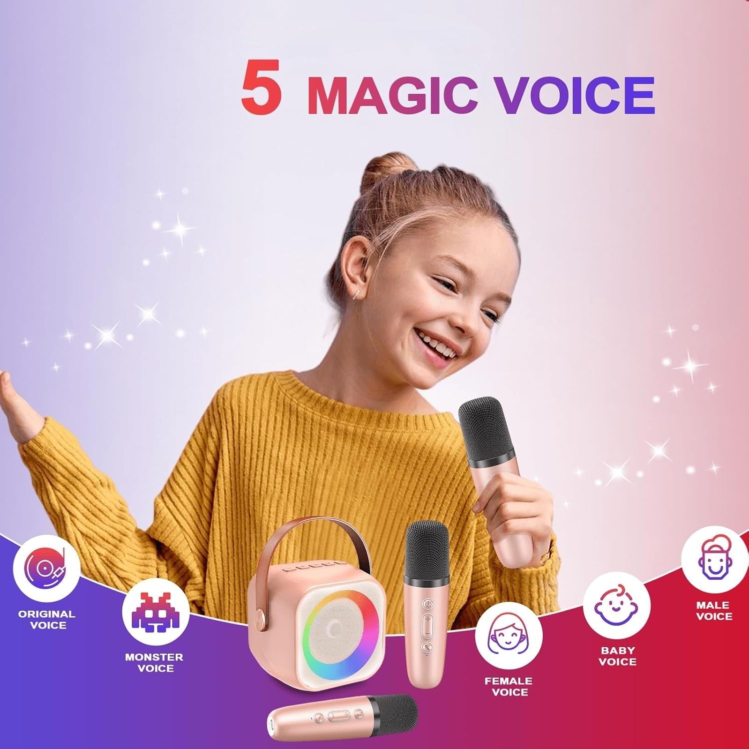 Kids Karaoke Machine Bluetooth 5.3 Speaker w/2 Mics Voice Changer LED Light