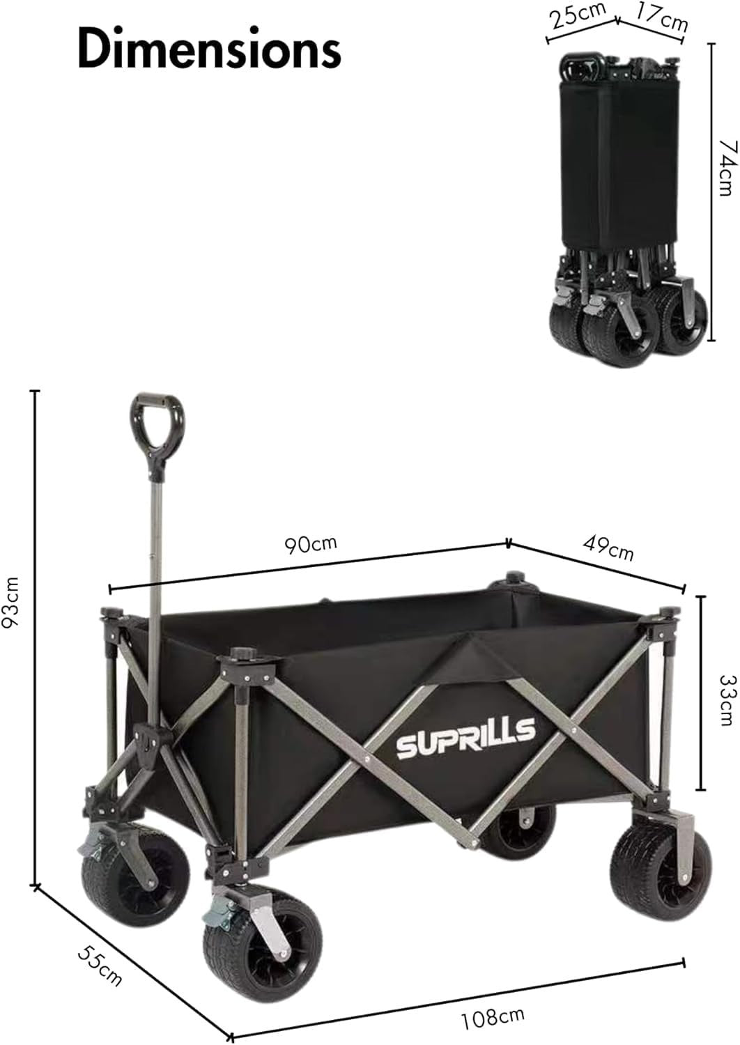 Folding Festival Camping Trolley 160L Wagon Cart 120kg Load Wide Wheels Black