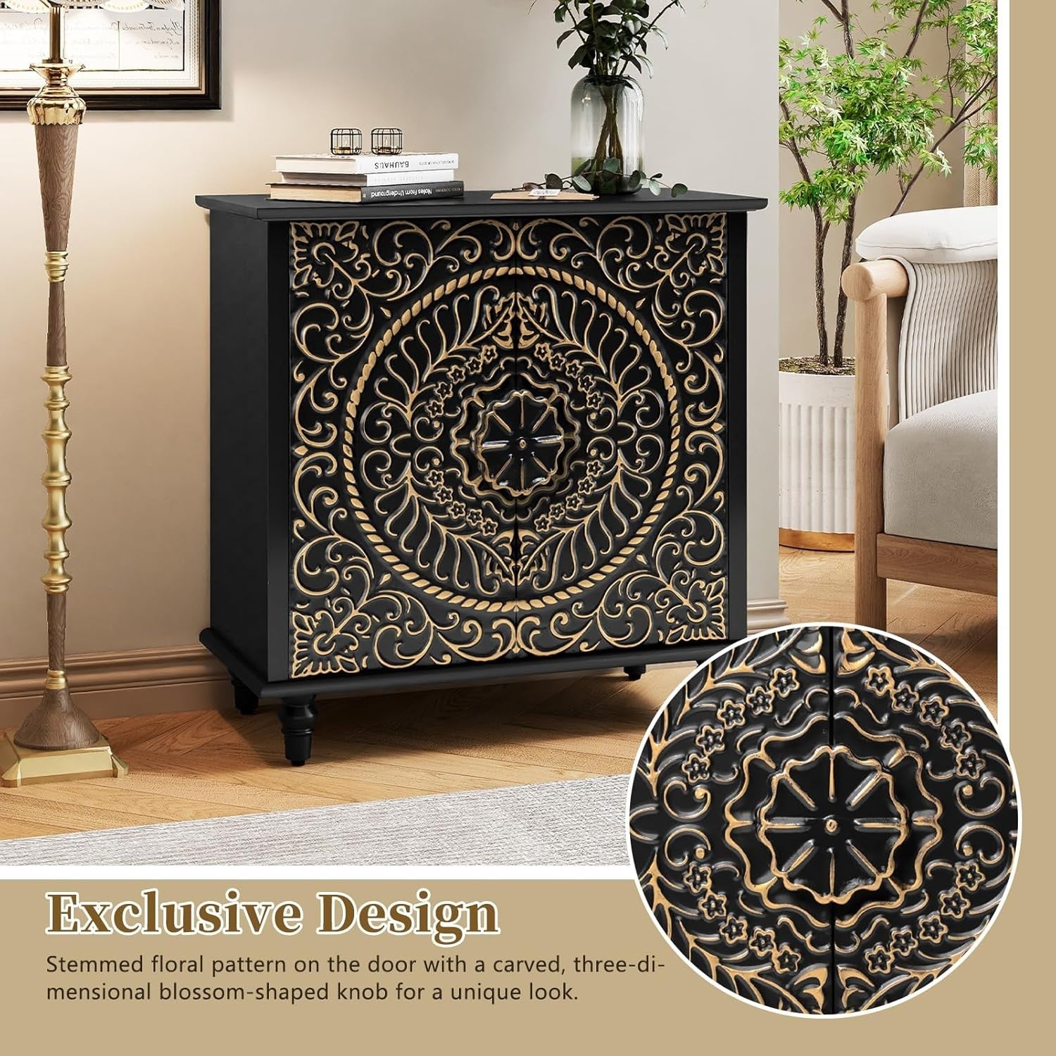 Black Carved Wood Sideboard Cabinet 2 Door Boho Vintage Storage Unit