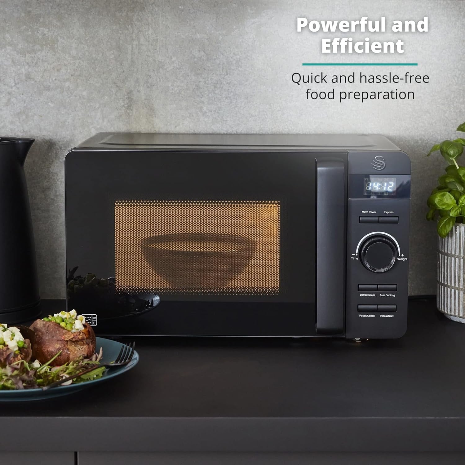 20L Digital Microwave 800W LED Defrost Glass Turntable Matte Black