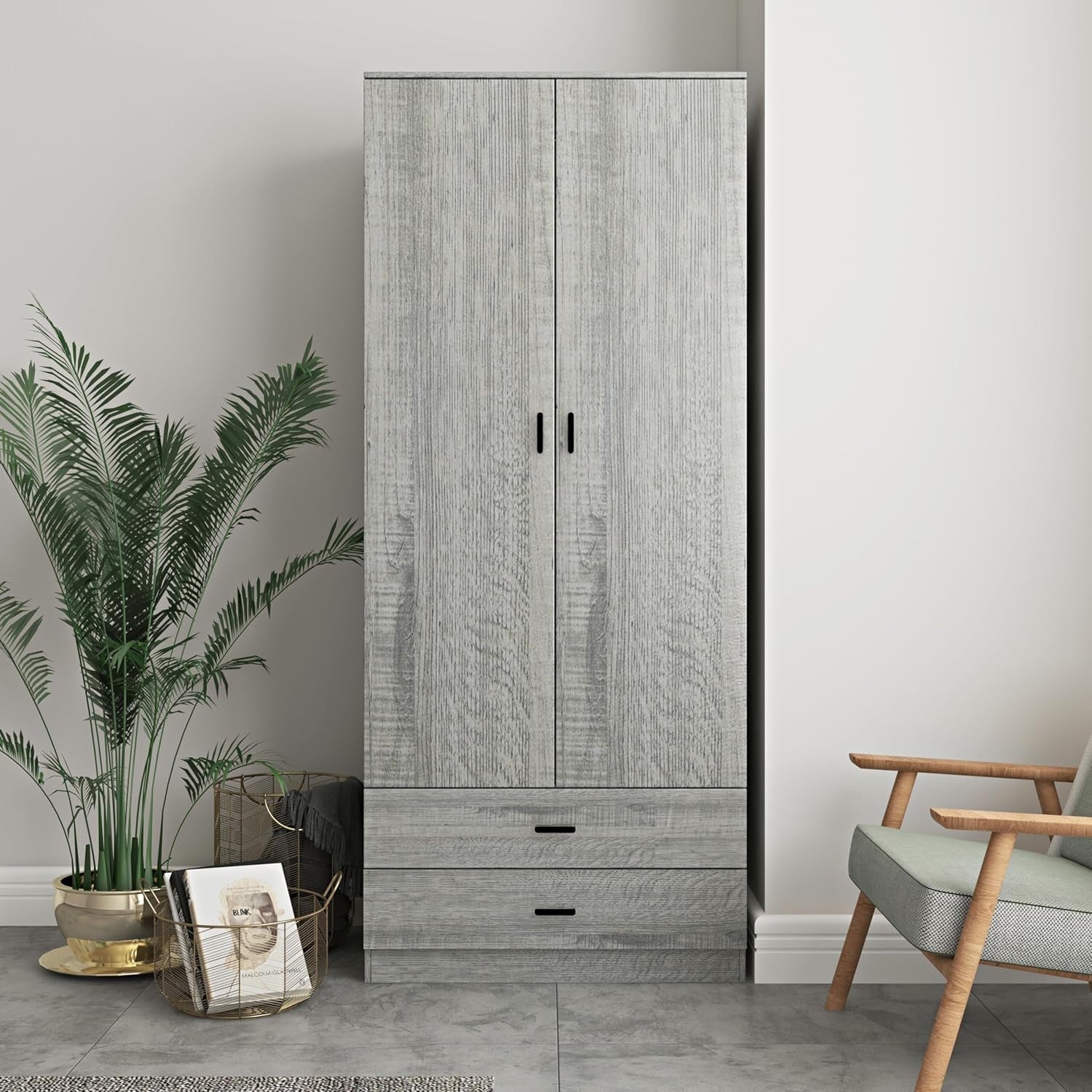 Tall Ash Grey Wooden Wardrobe with 2 Drawers Sturdy Clothes Storage Unit