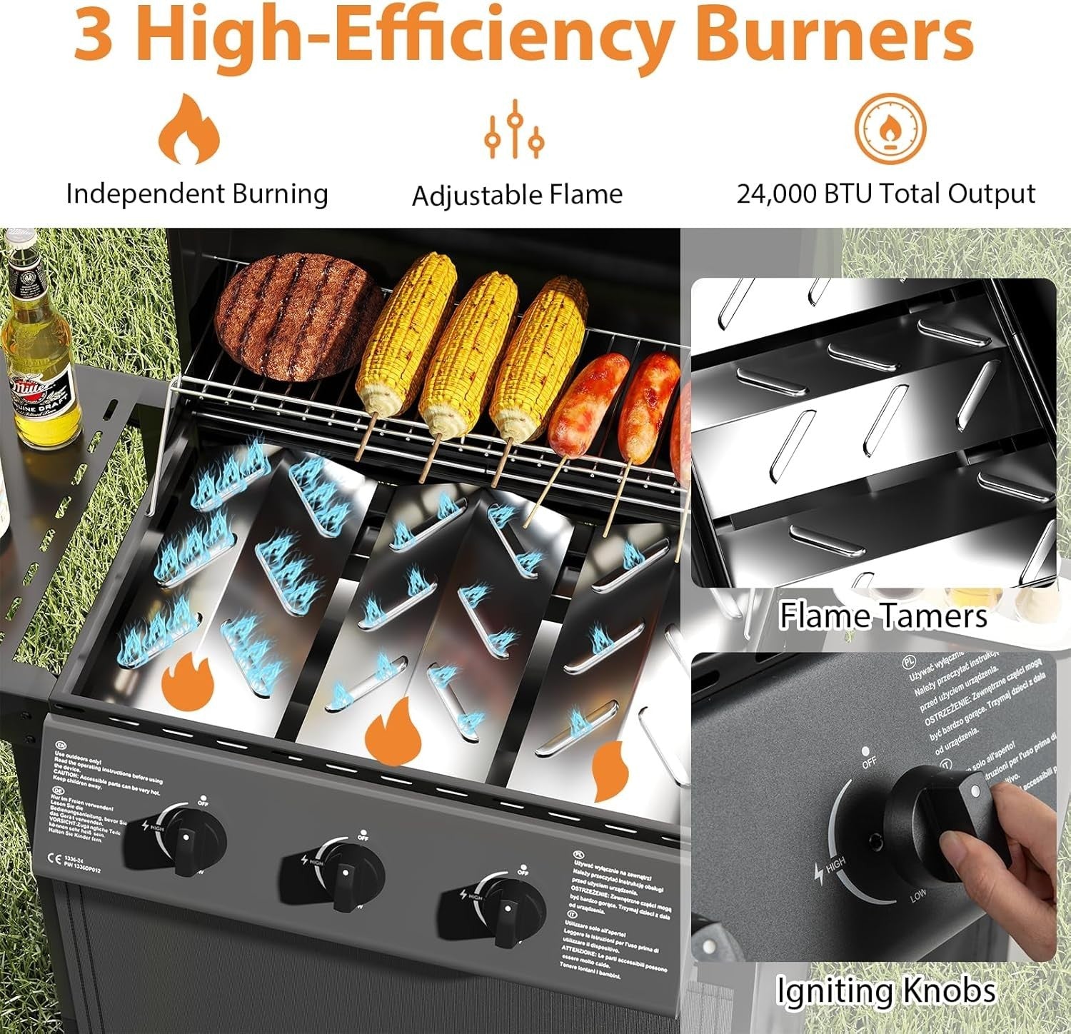3 Burner Gas BBQ Grill with Lid, 49x106x98cm, Thermometer, Side Shelves & Wheels