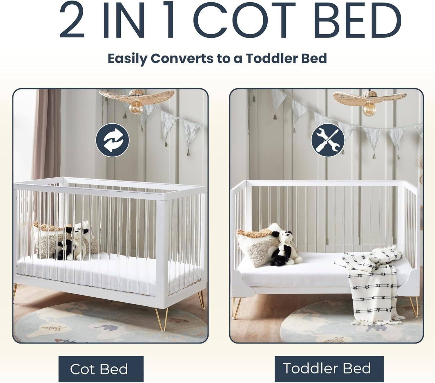 Acrylic Baby Cot Bed Convertible Toddler Bed Adjustable Height Modern Design