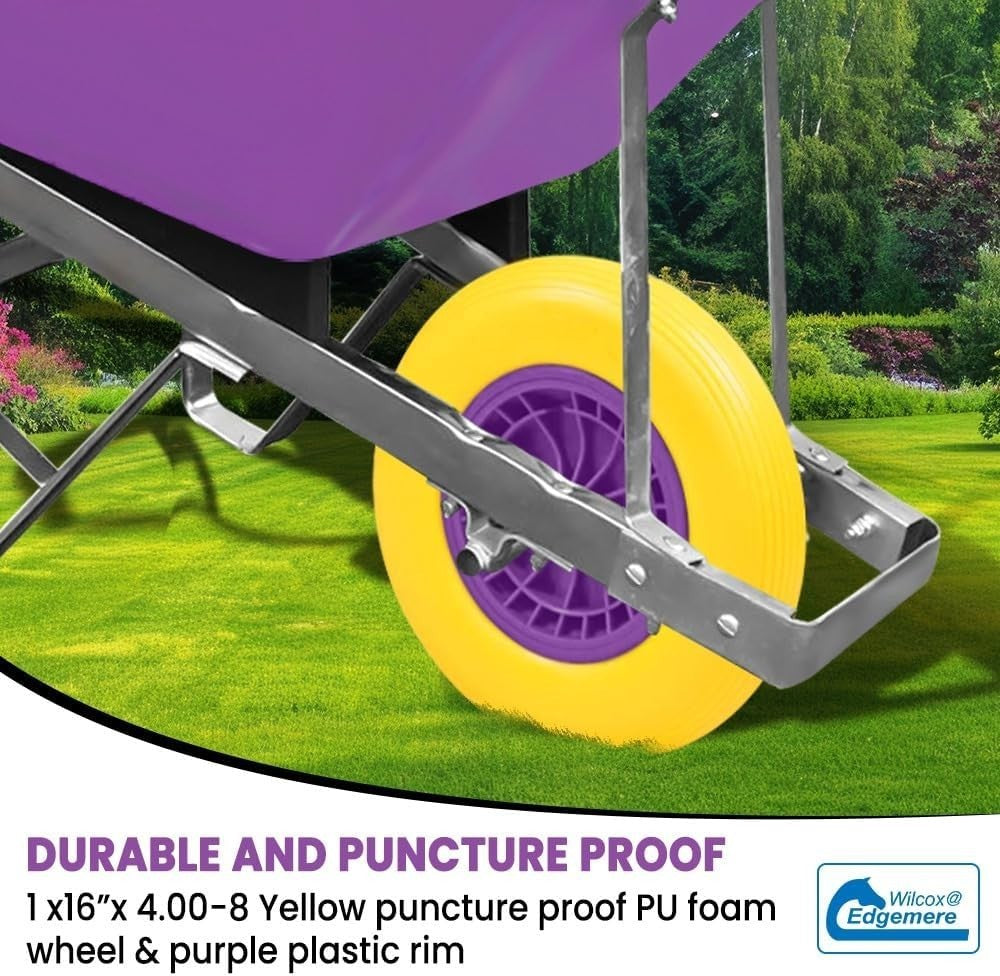 120L Garden Wheelbarrow – Purple/Yellow – PU Tubeless Tyre Heavy Duty Frame