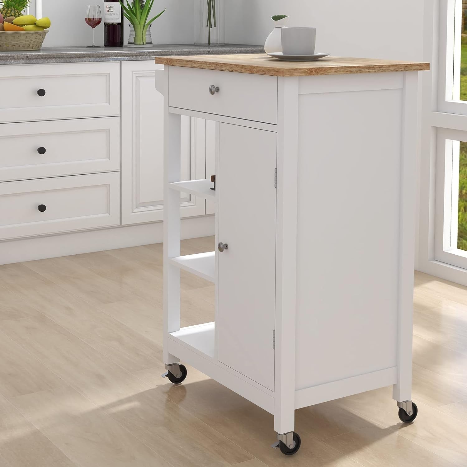 Mobile Kitchen Island Cart with Storage, Wood Top, Locking Wheels, Towel Rack