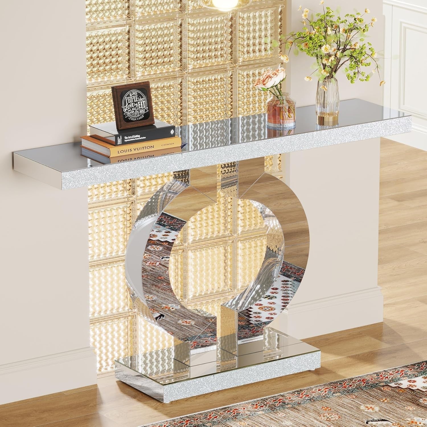 Mirror Console Table Glass Hallway Entryway Desk O-Shape Base 43” Elegant