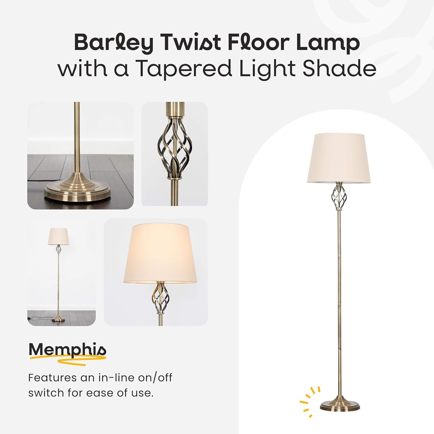 Antique Brass Twist Floor Lamp with Beige Tapered Shade Classic Standing Light