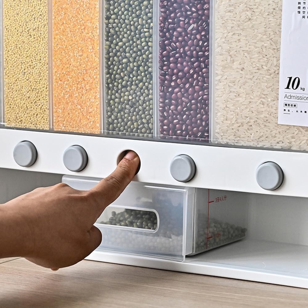 6 in 1 Wall Mounted Rice Dispenser 10KG Airtight Grain Storage Bin
