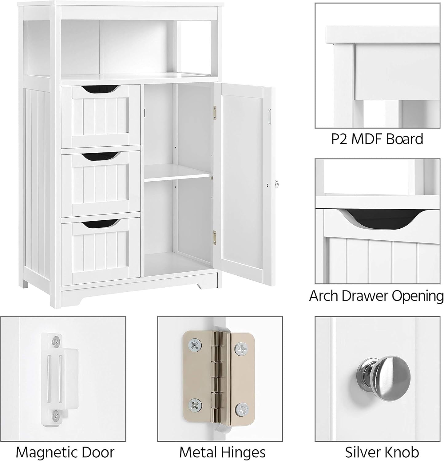 White Bathroom Storage Cabinet with 3 Drawers & Door Freestanding Unit