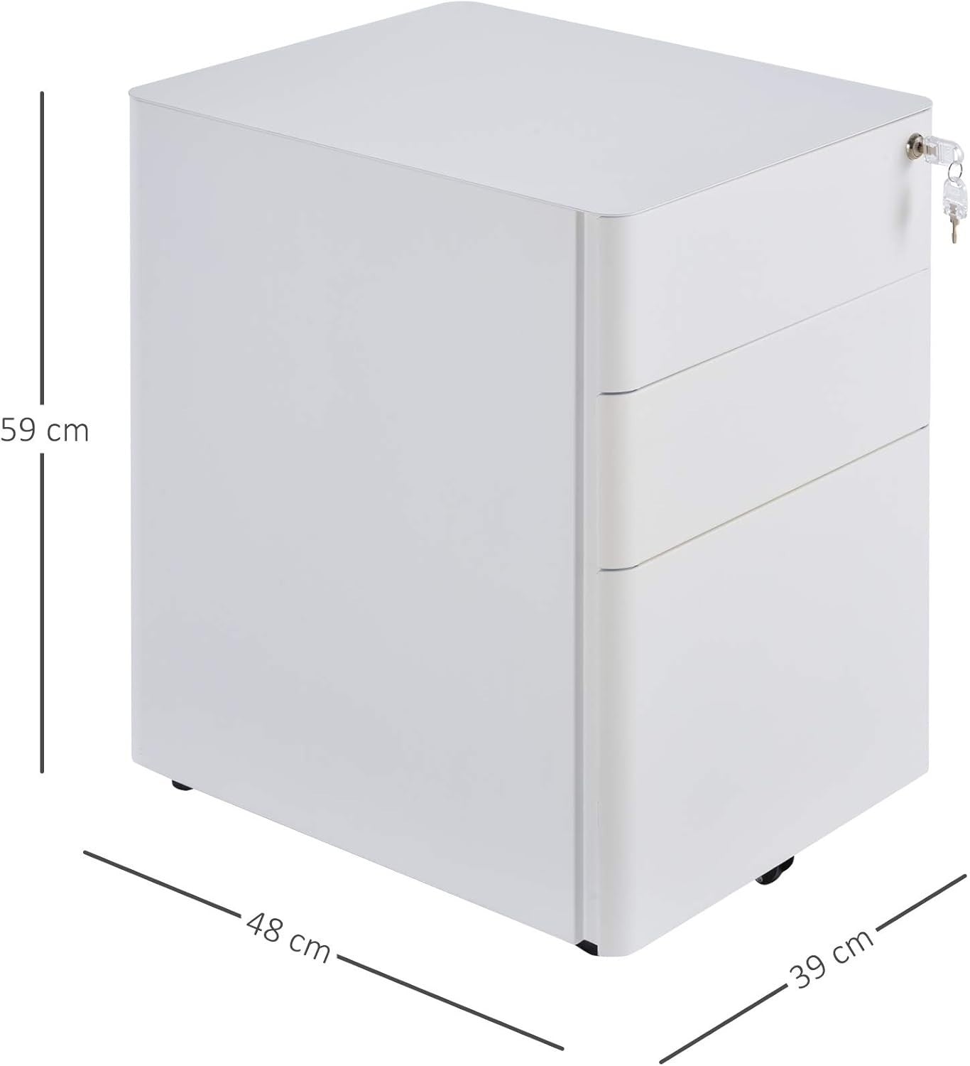 White 3 Drawer Mobile Filing Cabinet Lockable Steel A4 Letter Office Storage
