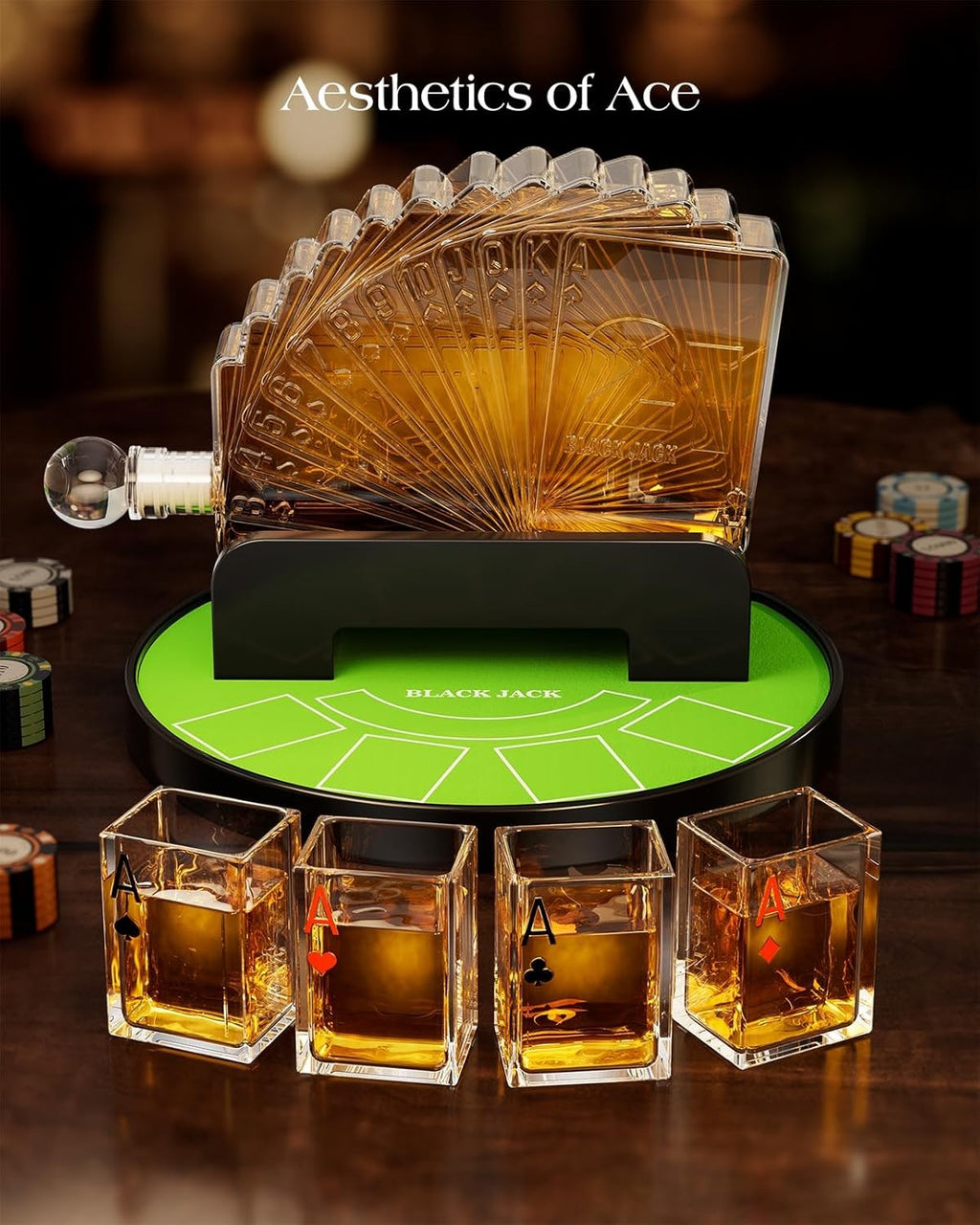 Blackjack Whiskey Decanter Set with 4 Glasses & Rotating Casino Display 1100ml
