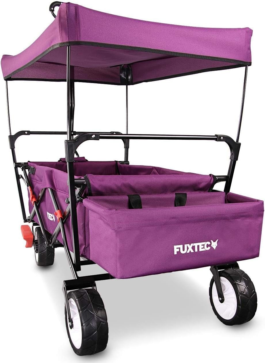 Purple Folding Wagon w/ Canopy Compact Pull Cart Garden Trolley w/ Rear Bag