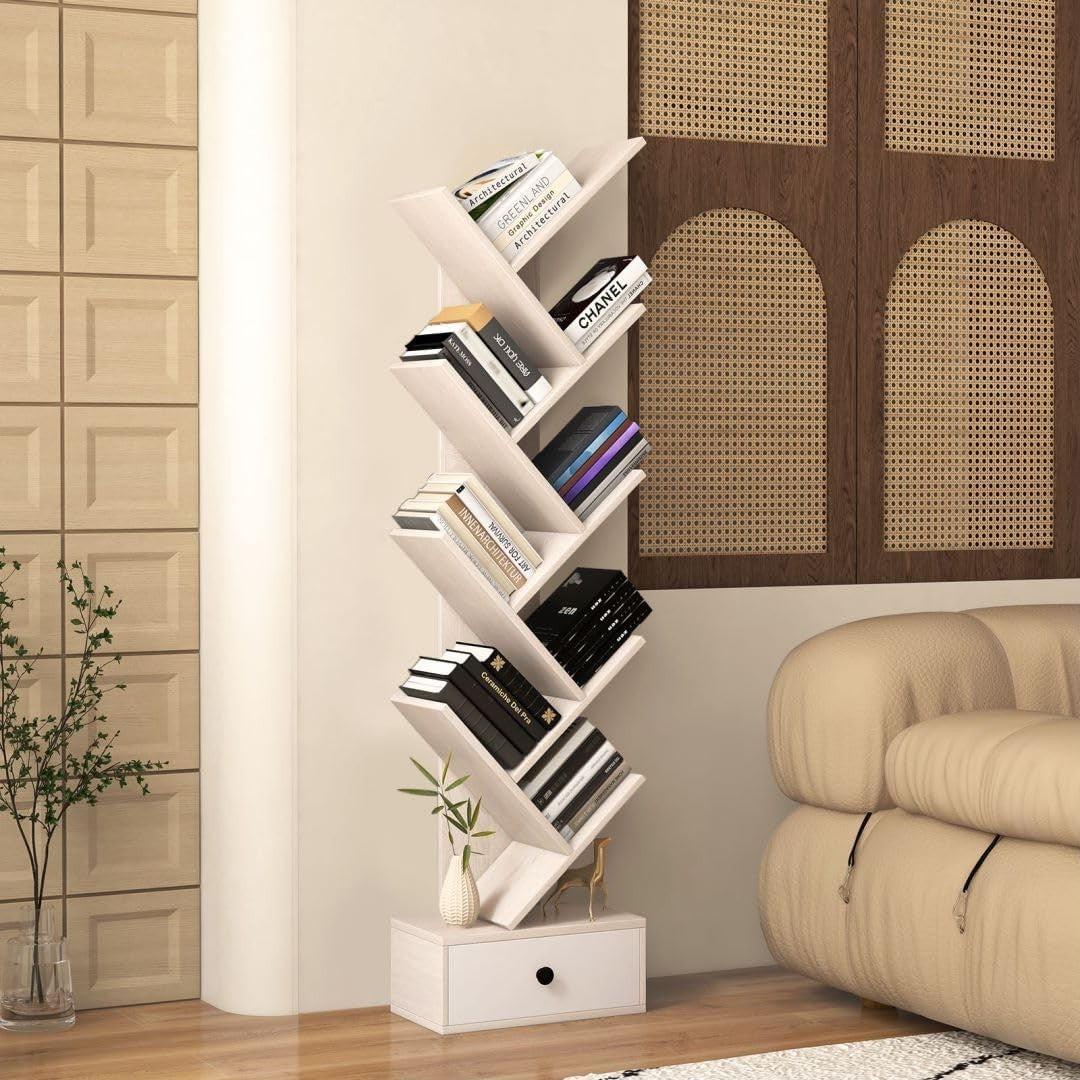 10-Tier Tree Bookshelf Floor Standing Wooden Bookcase with Drawer Storage