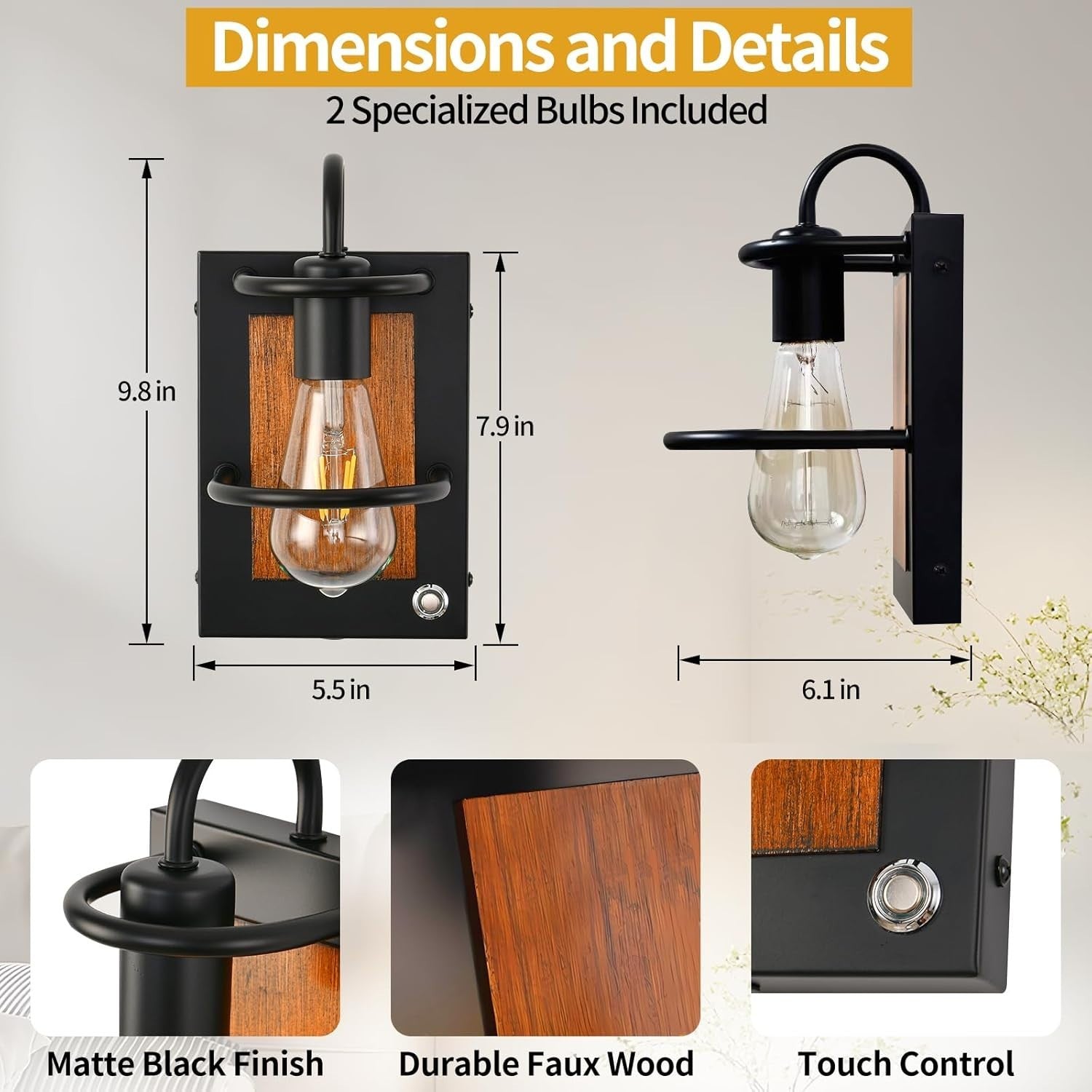 Dimmable Wireless Battery Wall Sconce Set, USB Rechargeable, Faux Wood Lamp