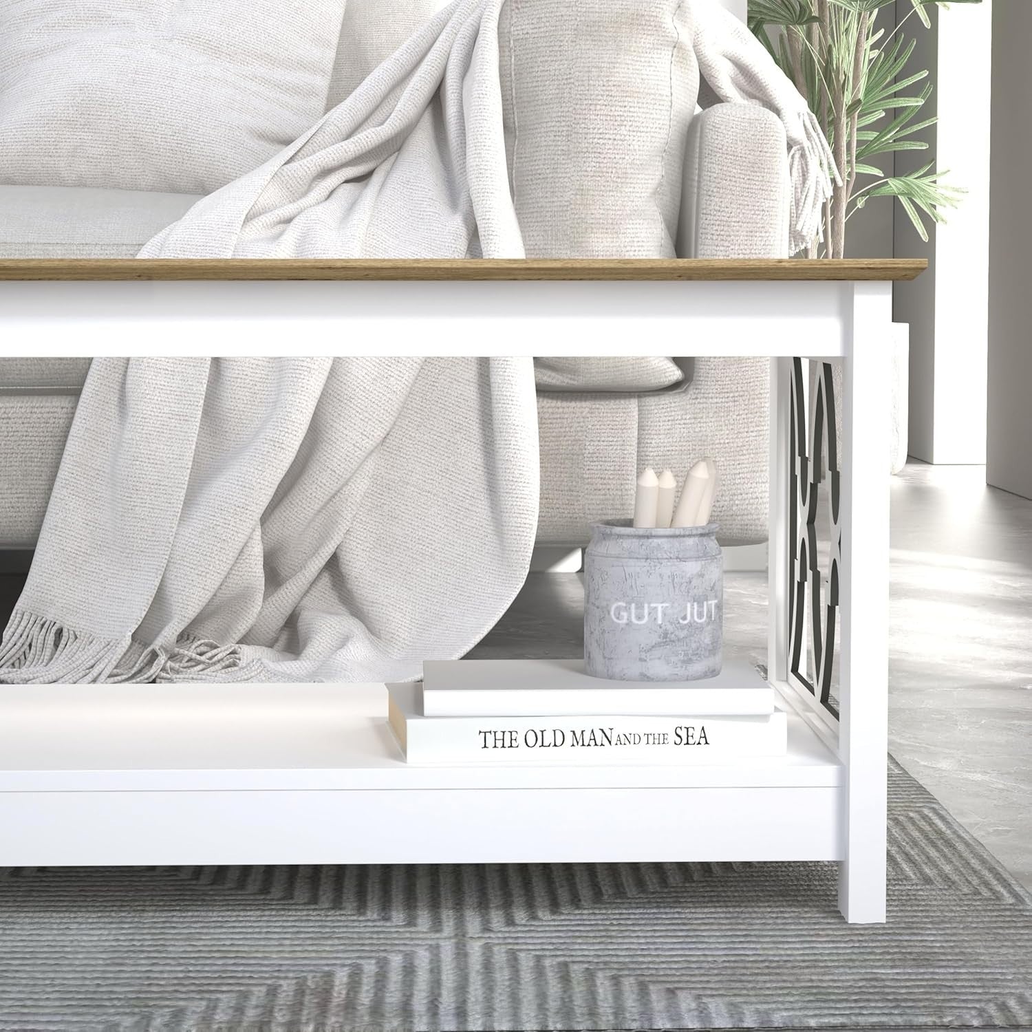 Modern Rectangular Coffee Table with Storage Shelf White Oak 90x50x44cm