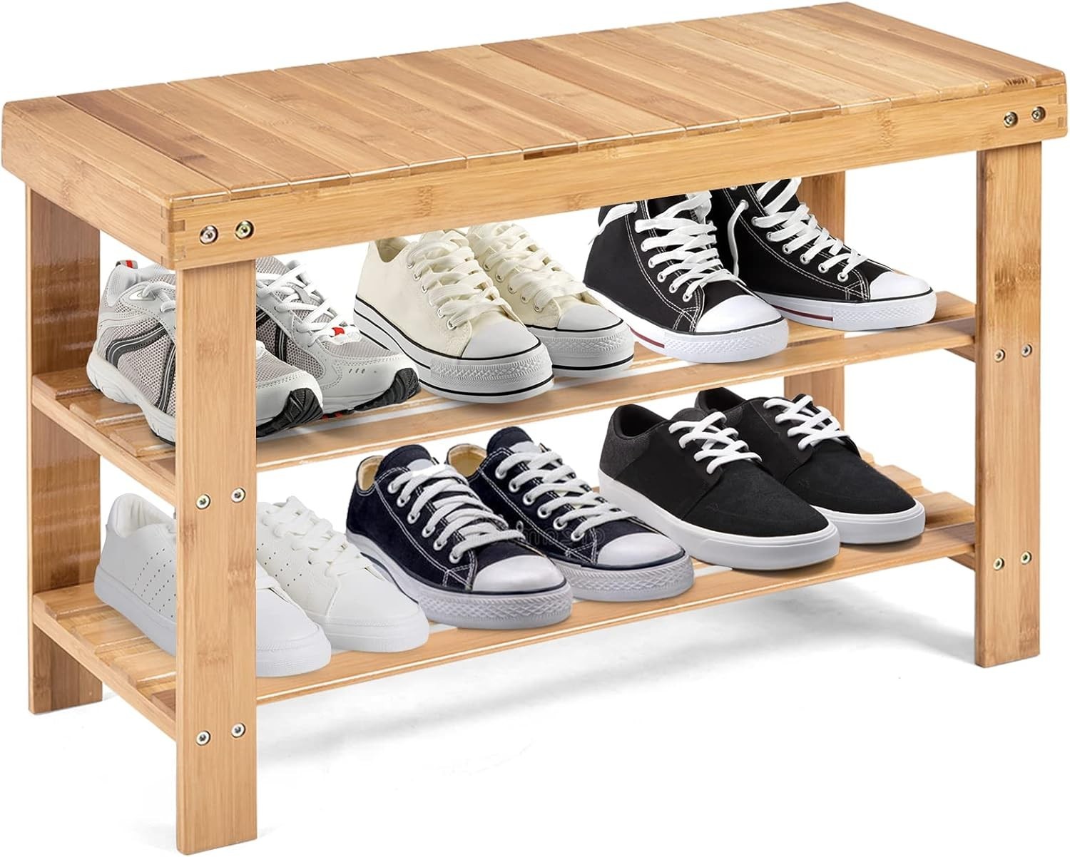 3-Tier Natural Bamboo Shoe Storage Bench with Seat for Entryway & Hallway