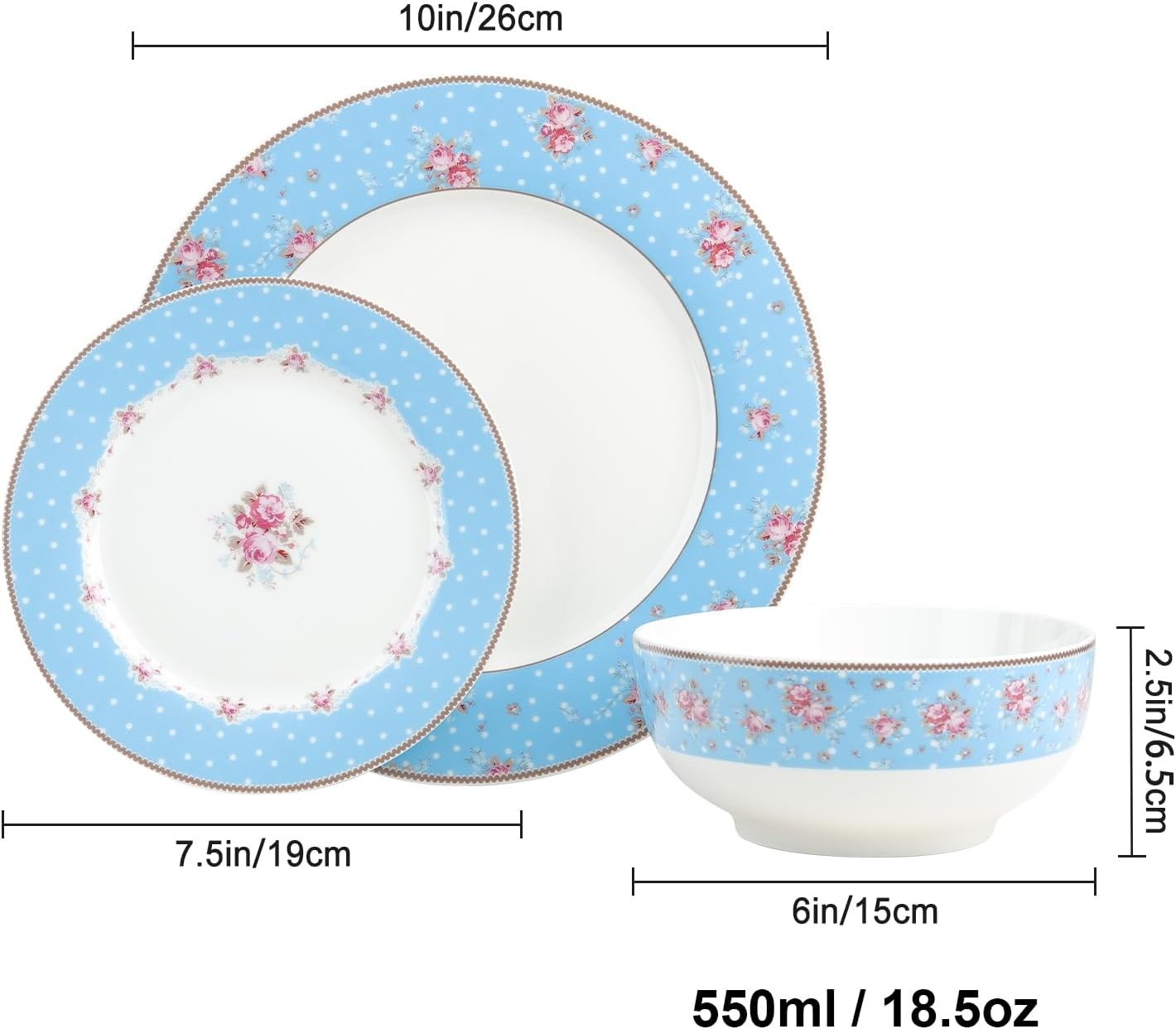 12pc Blue Floral Dinner Set Porcelain Plates Bowls Dishwasher Safe Service for 4