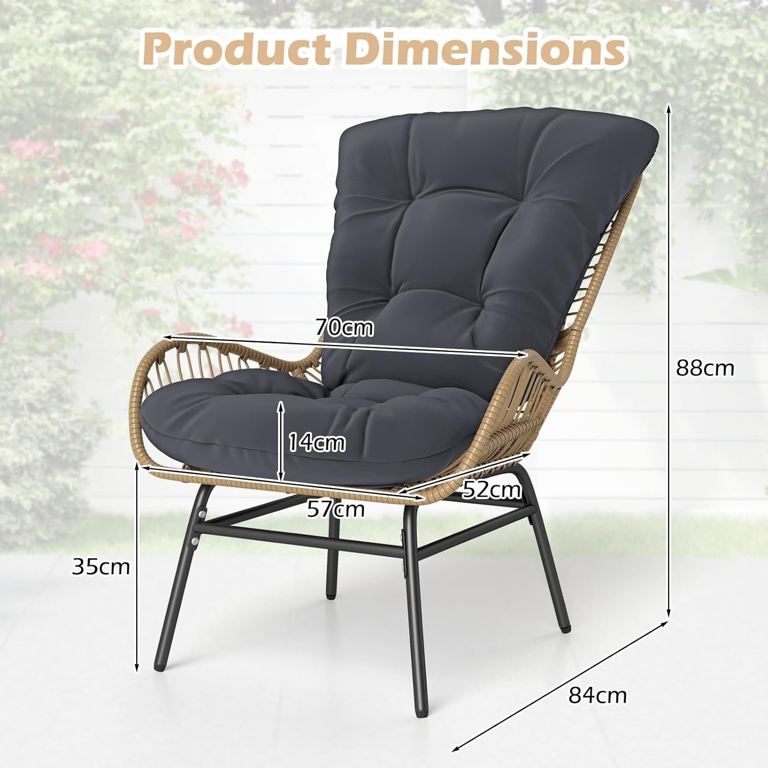 Cushioned Rattan Garden Armchair Lounge Seat Metal Frame Patio Balcony