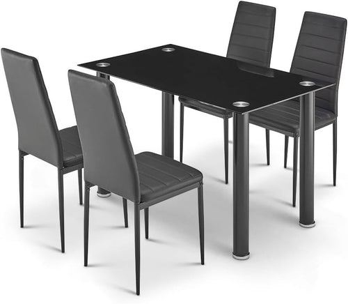 Black Glass Dining Table Set 120x70x75cm with 4 PU Leather Chairs