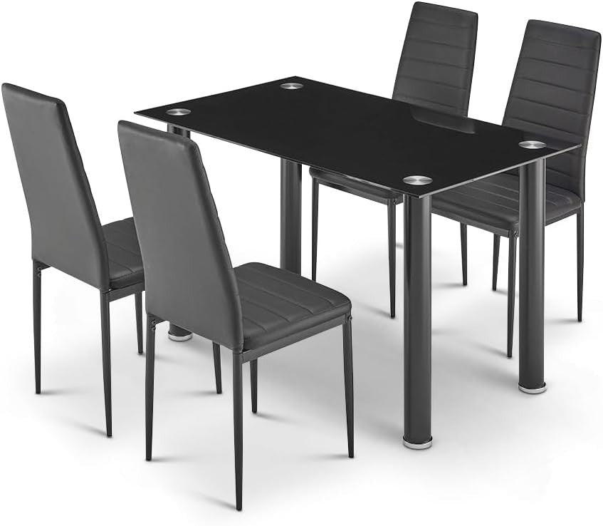 Black Glass Dining Table Set 120x70x75cm with 4 PU Leather Chairs