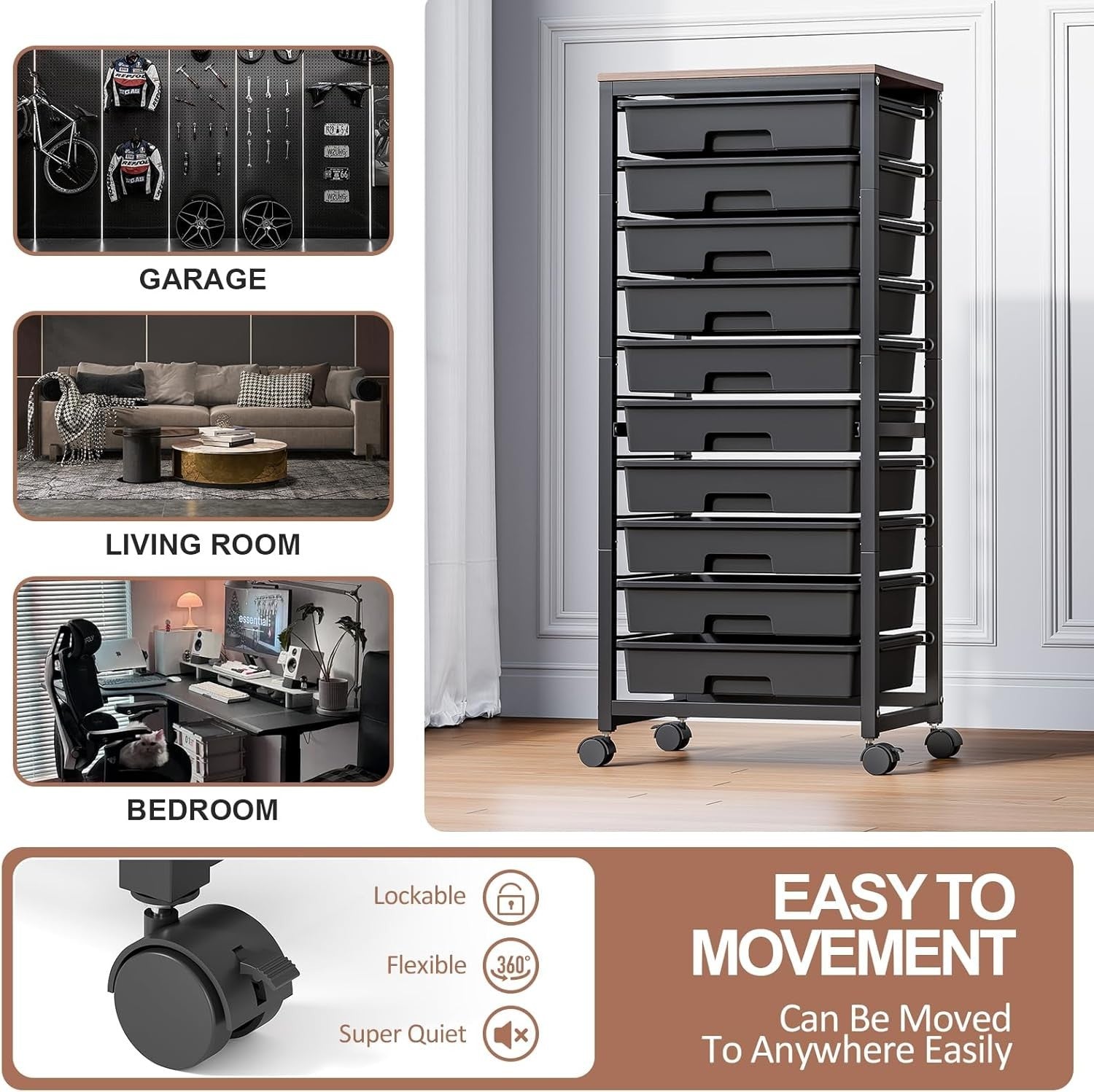 Black 10 Drawer Rolling Storage Trolley Craft Organizer with Wooden Top